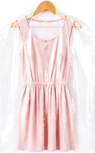 Pink dress cleaned and covered, hung ready for collection
