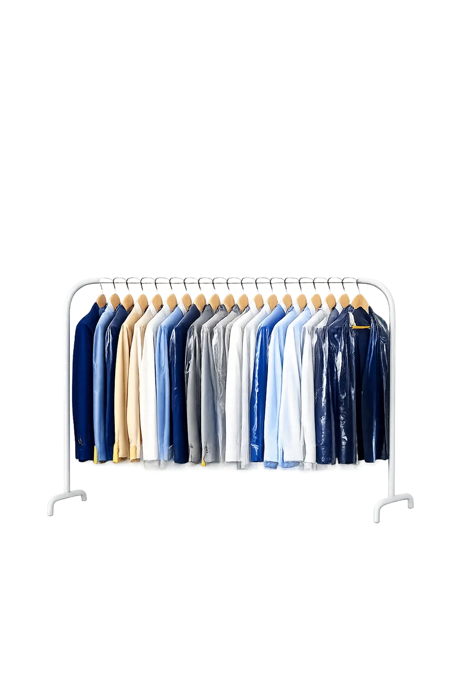 A rail of cleaned garments in dry-cleaning covers