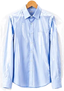 Laundered blue shirt in a dry-cleaning cover, hung ready for collection