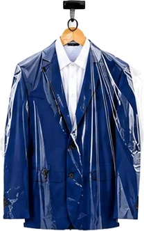 Navy suit jacket pressed and covered on a hanger