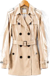 Beige trench coat cleaned and covered on a hanger